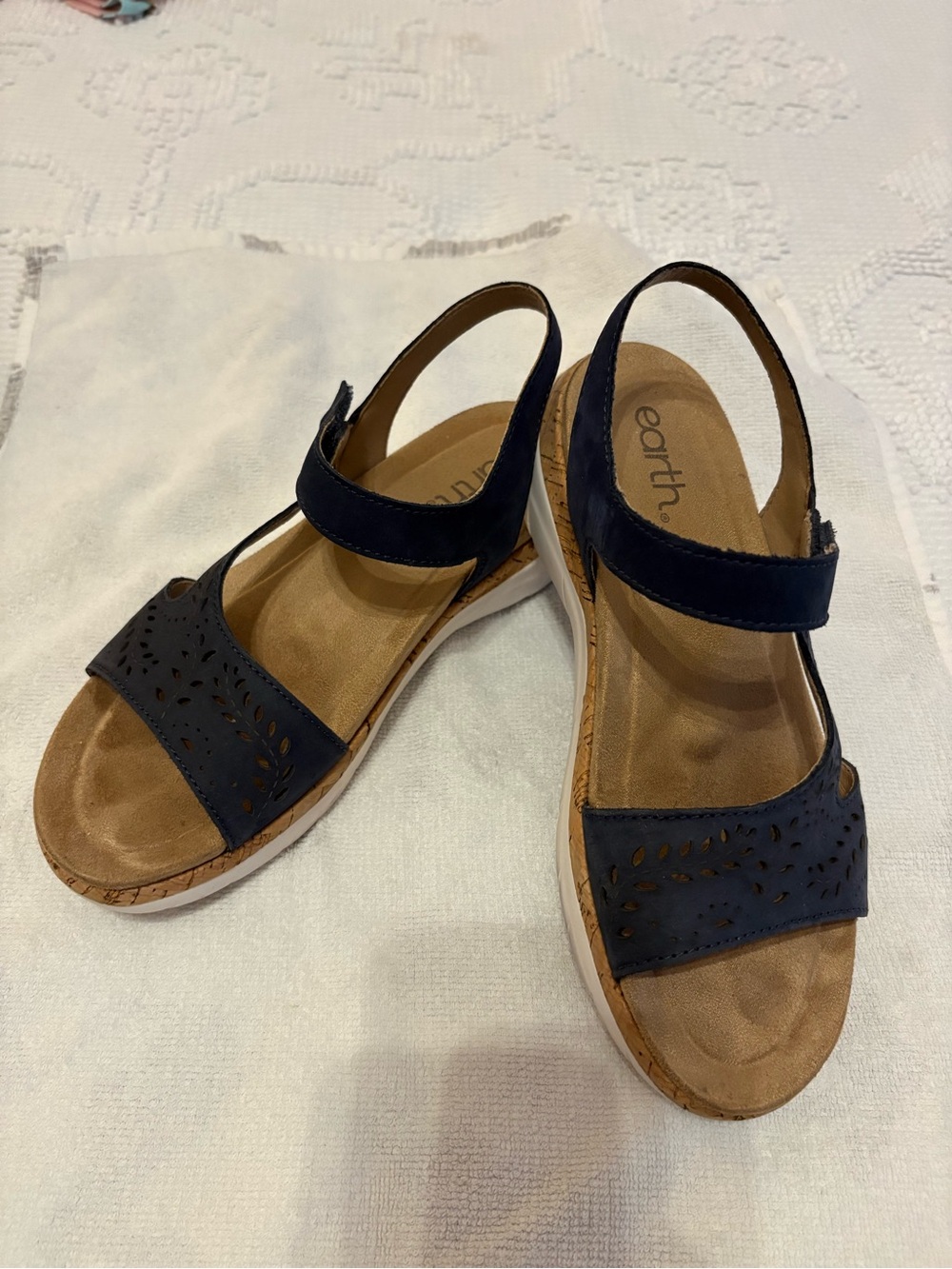 Earth Navy Blue Laser-Cut Slingback Sandals. 7.5 M